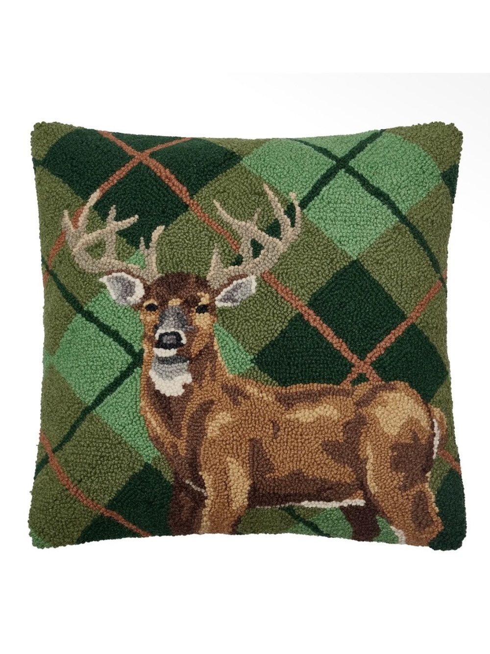 Green Deer Accent Pillow Wool Hooked